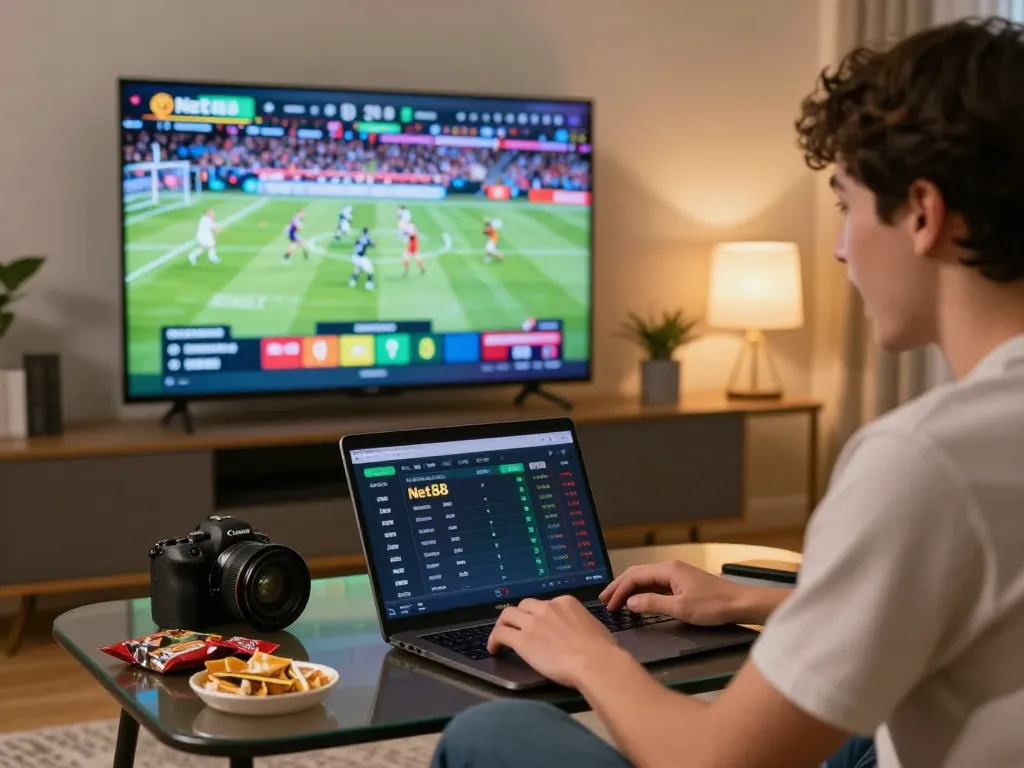 Person engaging in live sports betting on Net88 from a cozy home setup.