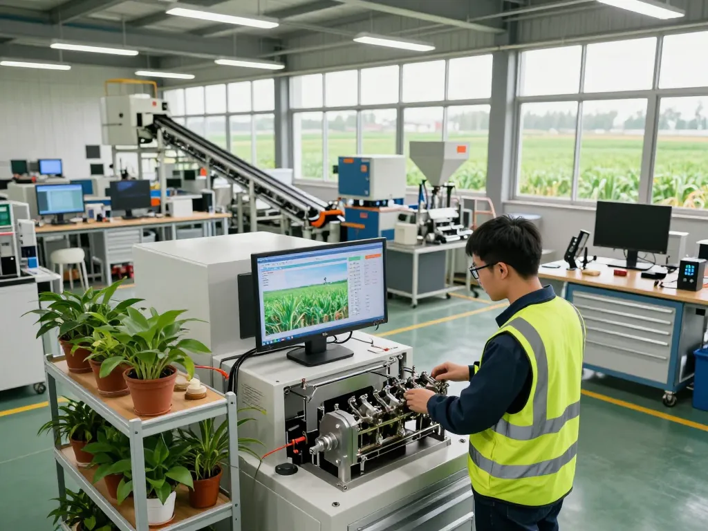 BANDIT69 analyzing advanced agricultural machinery in a modern workshop environment.