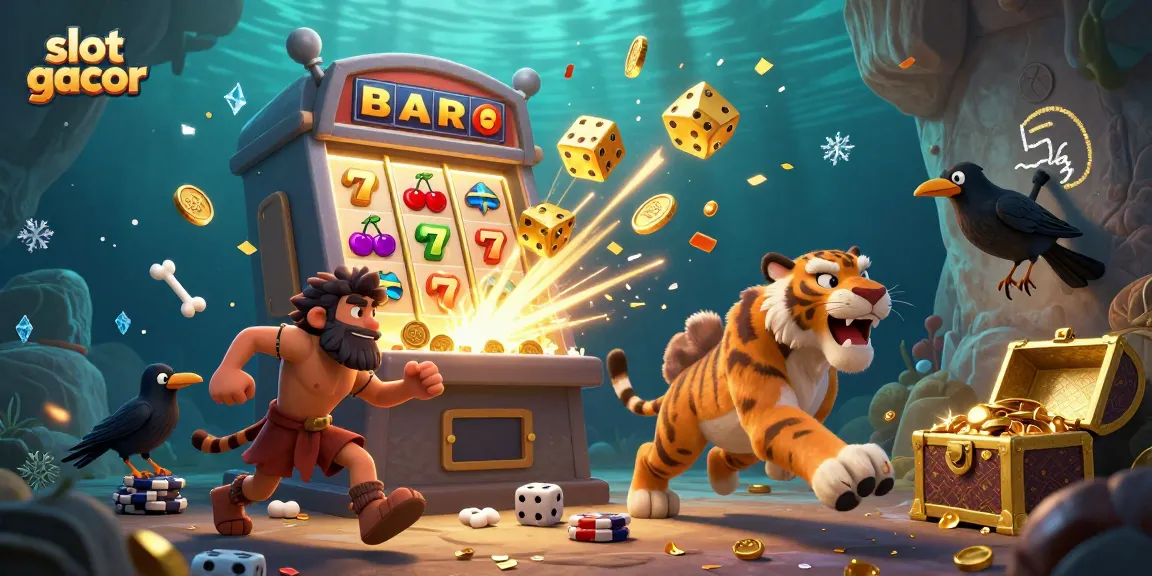 Experience the thrills of slot gacor in a dynamic prehistoric casino with vibrant visuals and lively characters.