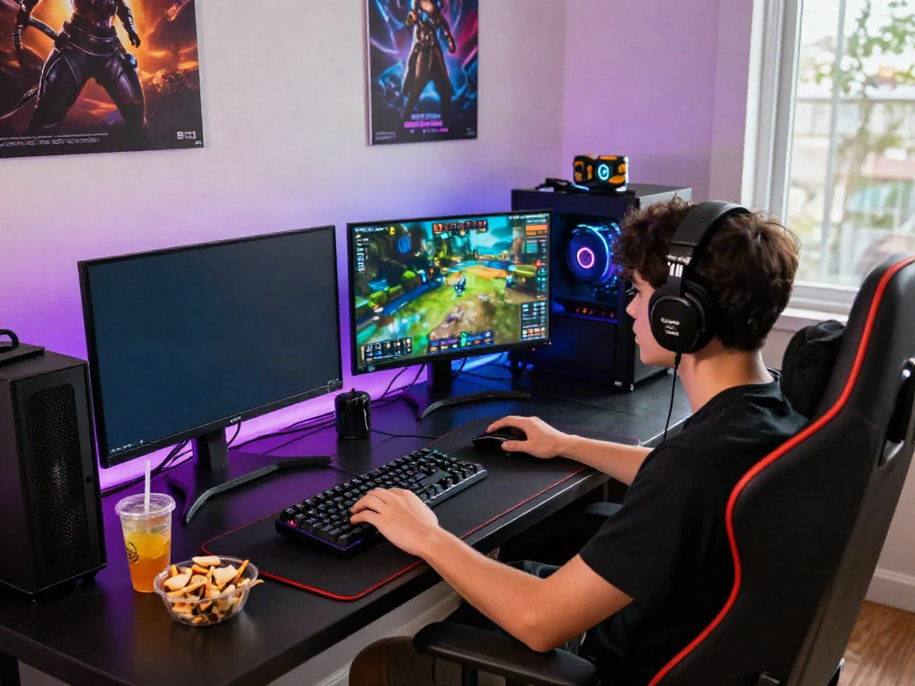Pengalaman bermain bukumimpi138 dengan gamer terfokus di monitor dan aksesori lengkap.