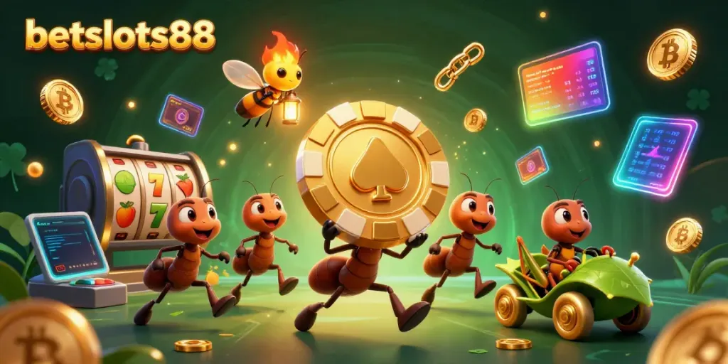 Gambaran ant menjalankan pencurian chip poker emas di betslots88, penuh simbol slot dan crypto.