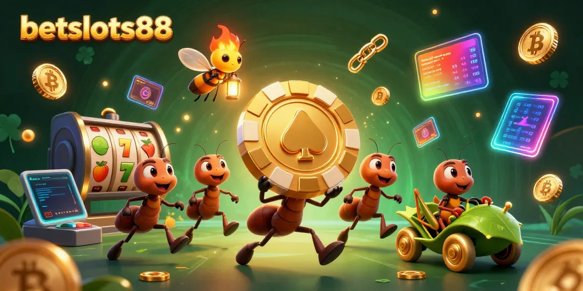 Gambaran ant menjalankan pencurian chip poker emas di betslots88, penuh simbol slot dan crypto.