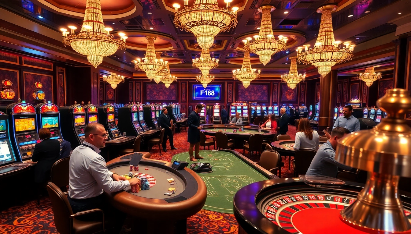 F168 brand showcased in a dynamic casino setting with lively gaming tables and colorful chips.