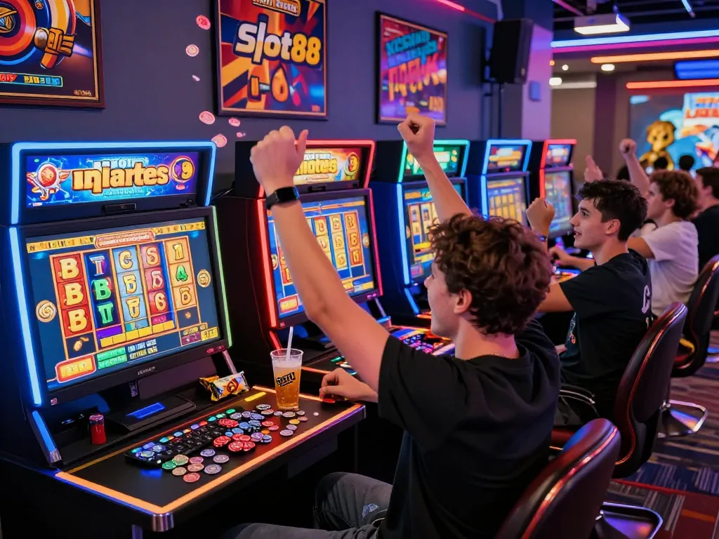 Pemain menikmati pengalaman bermain slot online virus88, merayakan kemenangan di lingkungan yang cerah dan dipenuhi lampu neon.