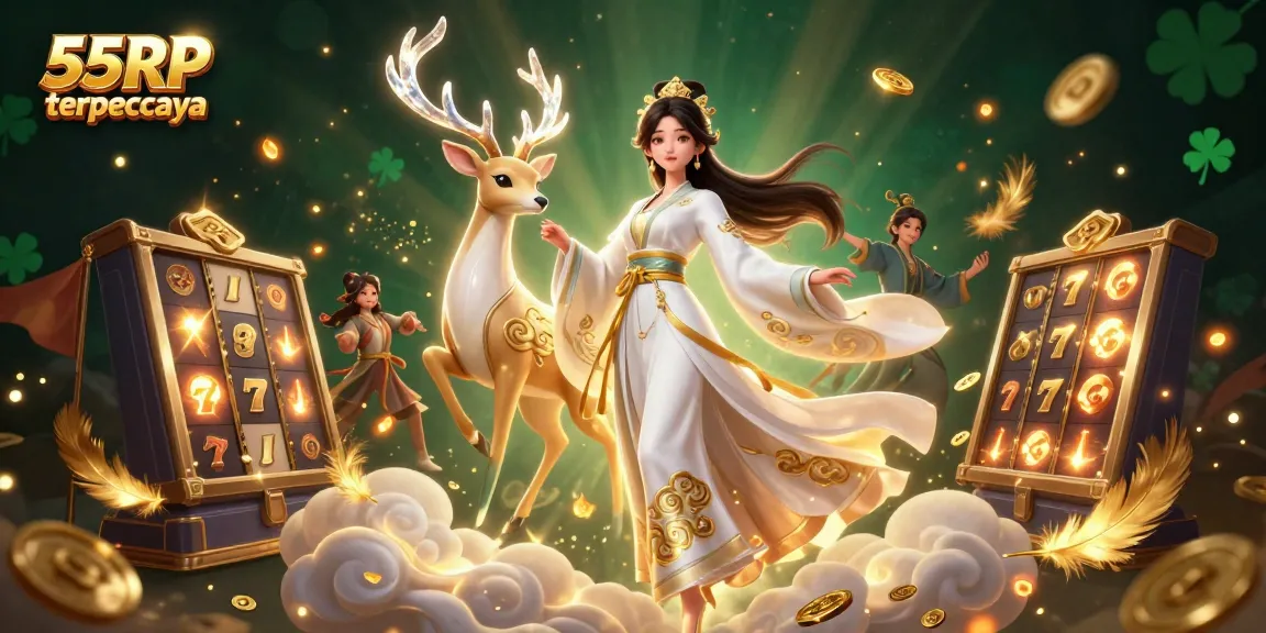 Win big with 55RP terpercaya as stunning characters and slot reels illuminate the scene.