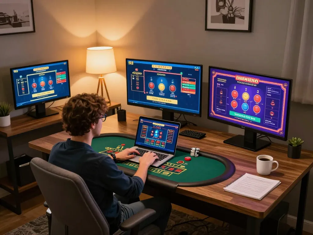 Engaging in live blackjack with expert strategies at https://123win.click/ in a cozy home office setup.