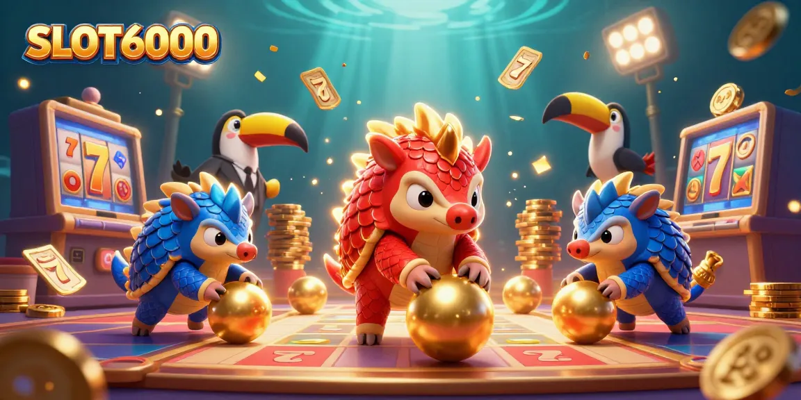 SLOT6000 features rival pangolins in a dynamic casino scene, showcasing slot reels and golden trophies.