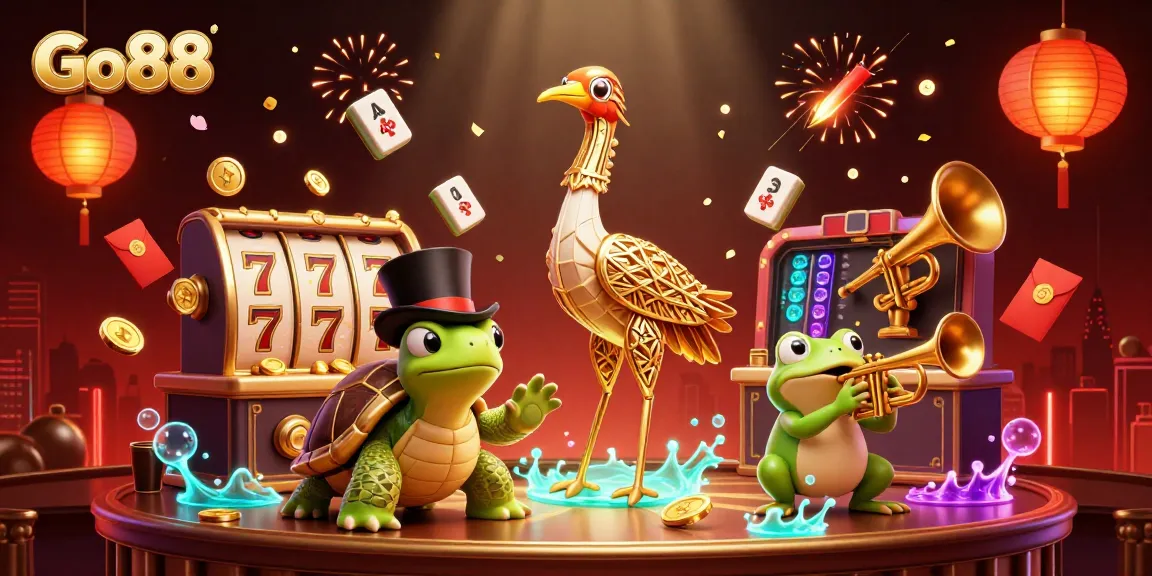 Go88 players enjoy a vibrant scene with slot reels, golden coins, and animated characters at a lively casino.