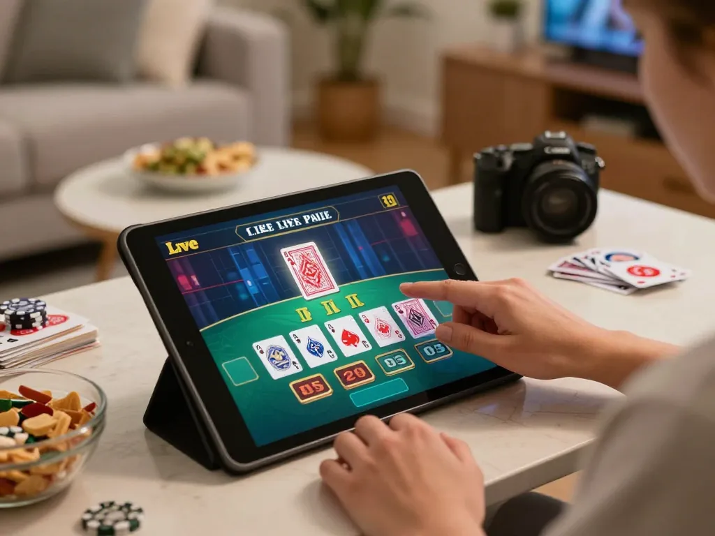 Engaging moment of a player enjoying trang chủ fly88 with live dealer gameplay on tablet in a cozy setting.