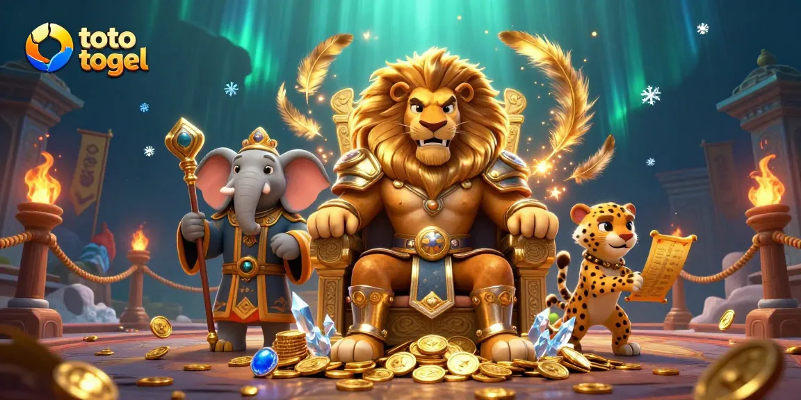 Experience the thrill of toto togel with a majestic lion king, wise elephant, and swift cheetah in a rich casino atmosphere.