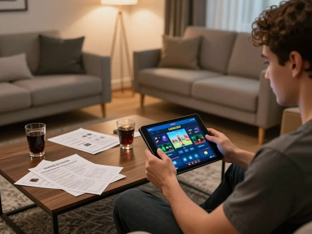 LIGALGO user enjoying online gaming session with strategy notes and tablet in cozy living room.