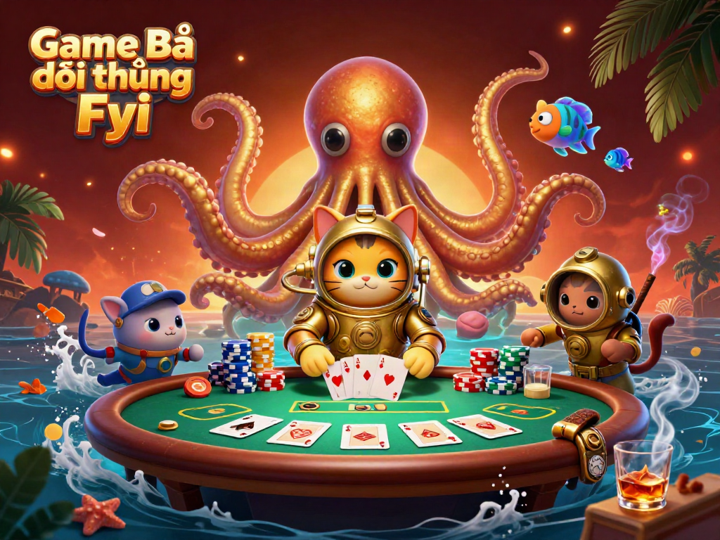 Engage with Game Bài Đổi Thưởng Fyi as a kraken, diving cat, and luminous fish surround poker elements in a vibrant casino scene.