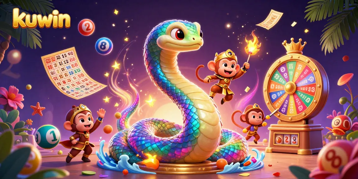 Experience exciting actions with kuwin's vibrant 3D illustration showcasing a rainbow serpent and engaging game elements.