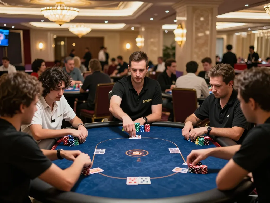Pemain HOKI368 dengan mendebarkan terlibat dalam permainan poker taruhan tinggi di meja kasino mewah.