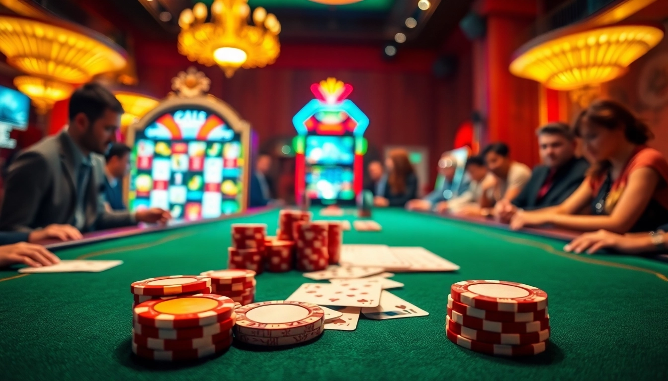 Experience the excitement of Dominoqiu with a vibrant casino scene featuring poker and slot machines.