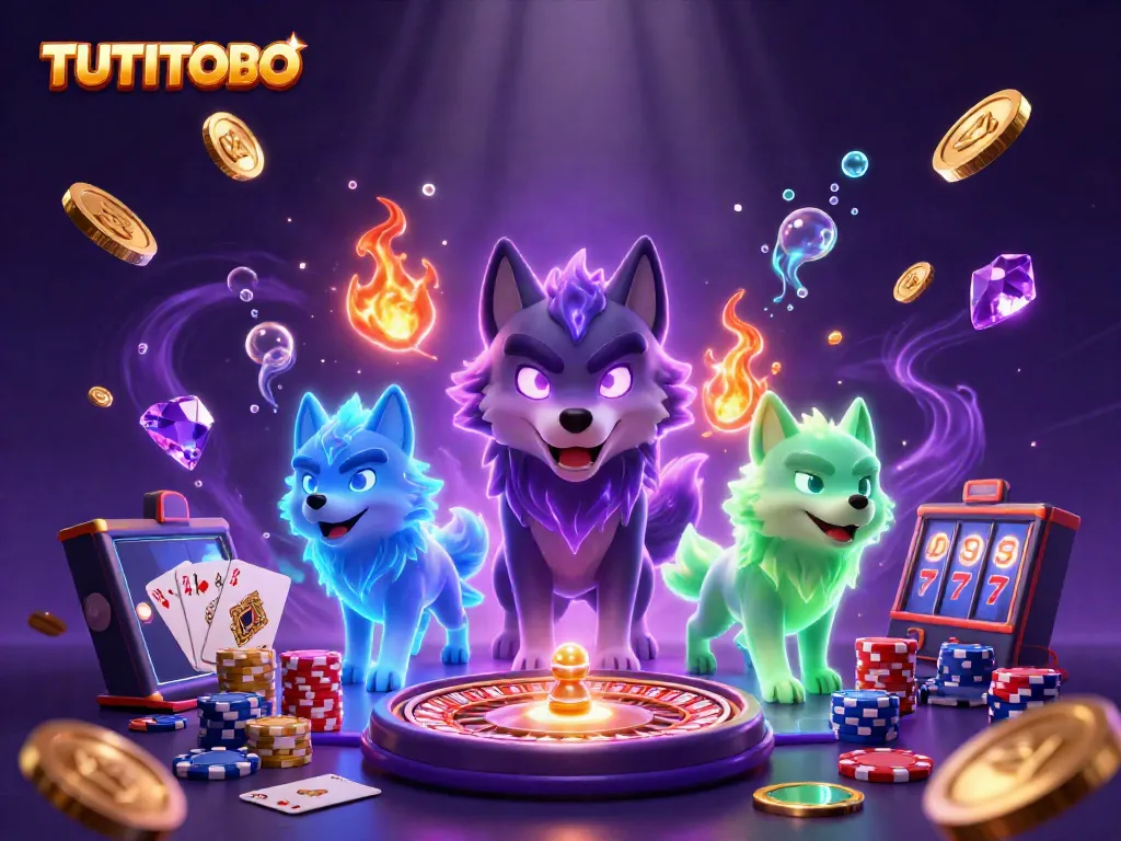 TUTITOTO presents a dynamic scene of a spectral wolf pack leader amidst cascading coins, engaging bettors in thrilling online casino gameplay.