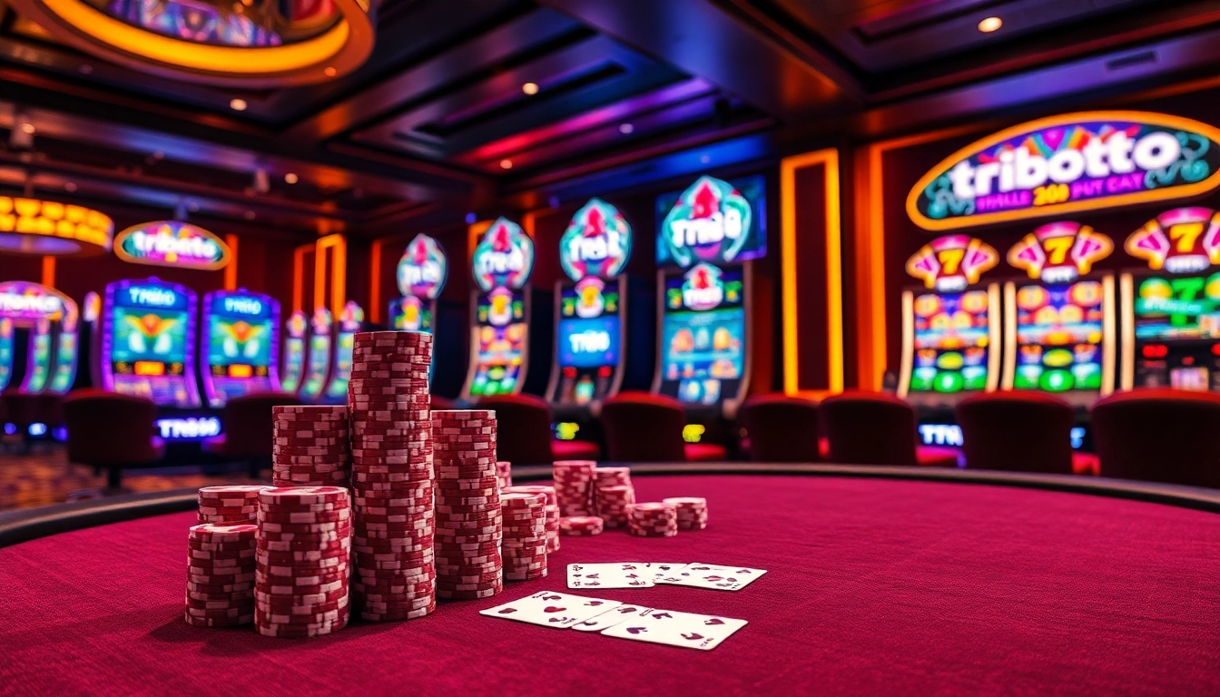 Players engaging in a thrilling poker game at tr88 casino, surrounded by vibrant slot machines and an elegant atmosphere.