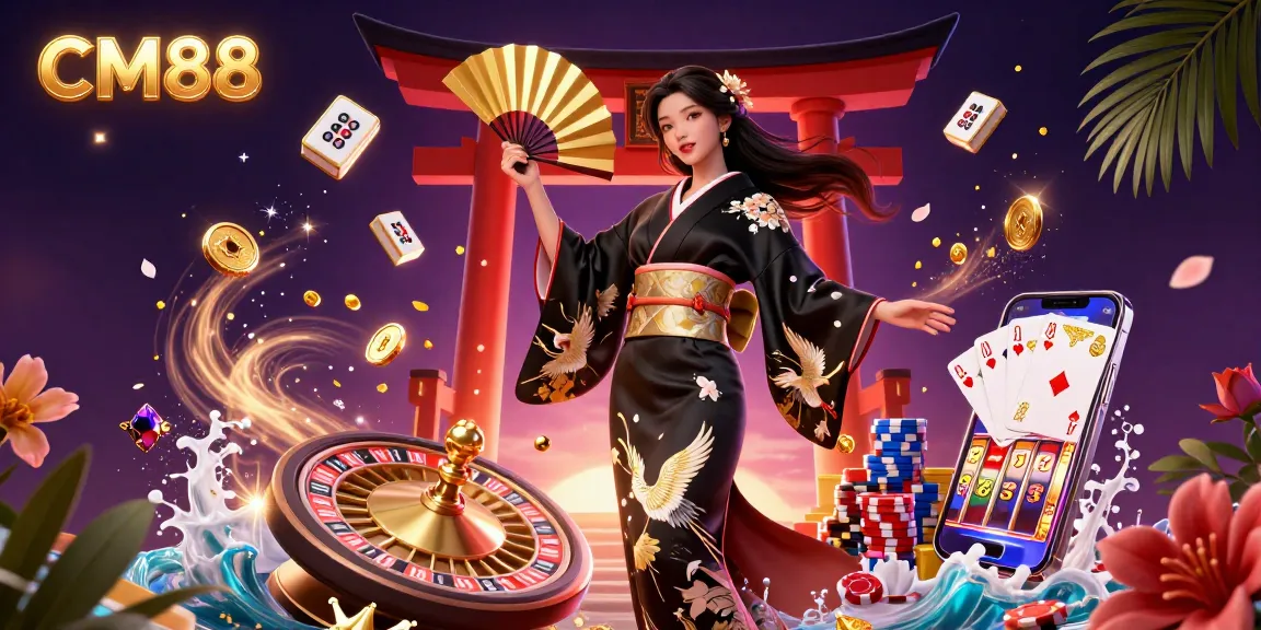 Experience the excitement of CM88 casino with stunning visuals of a woman in a kimono surrounded by golden coins and gaming elements.
