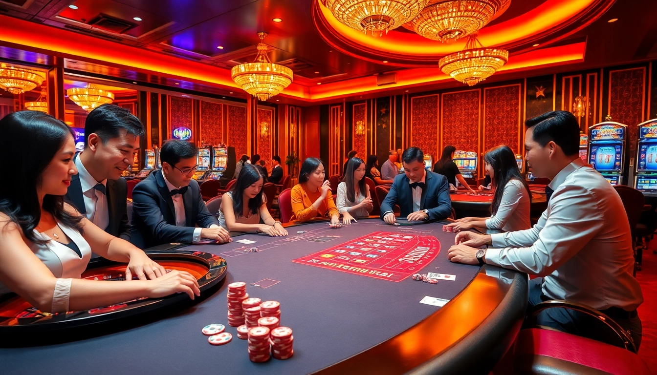 Players enjoying vibrant casino games at xin88, featuring poker tables and roulette wheels.