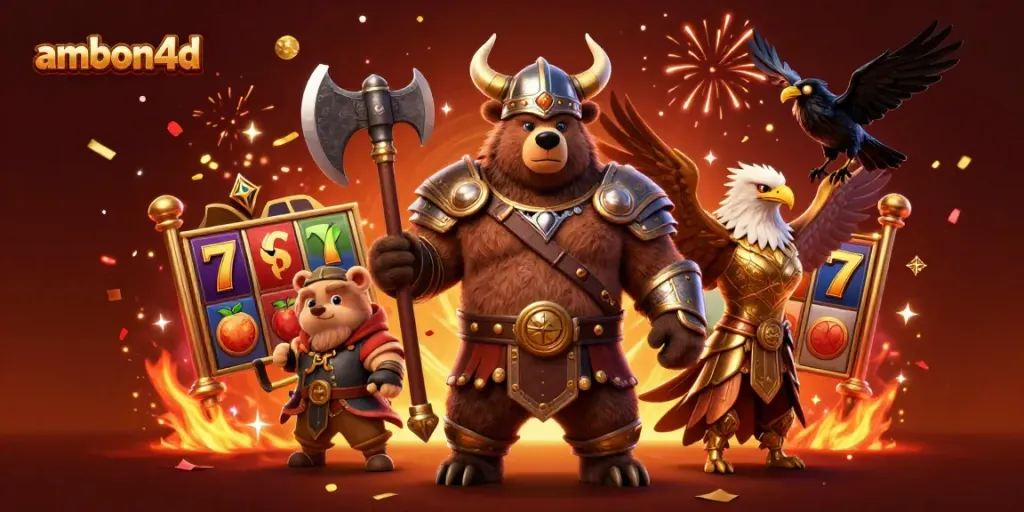 Experience the thrill of ambon4d with a Viking bear and Valkyrie in a vibrant casino scene.