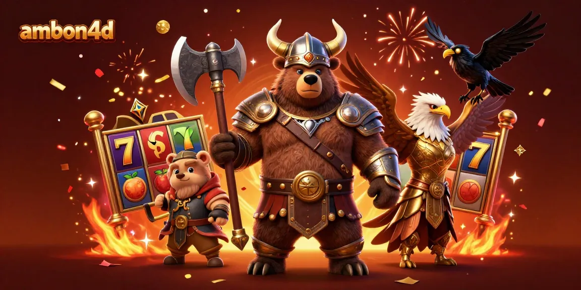 Experience the thrill of ambon4d with a Viking bear and Valkyrie in a vibrant casino scene.