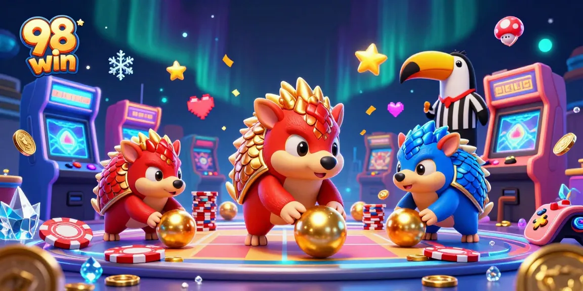 Experience high-stakes gaming with 98 win as rival pangolins compete in a vibrant casino scene.