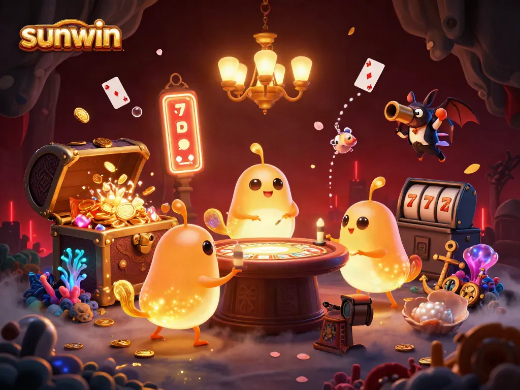 Experience sunwin excitement in a colorful casino cave filled with treasures and vibrant characters.