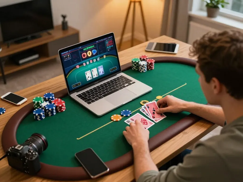 WIN88 poker game in action on a laptop, showcasing strategy and excitement during online gambling.
