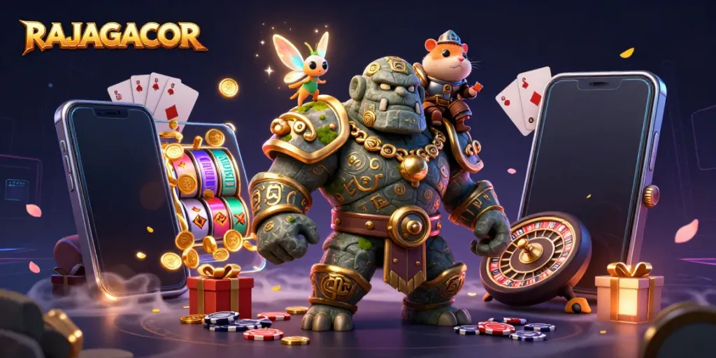 RAJAGACOR menghadirkan karakter menarik dalam ilustrasi kasino yang kaya warna dan detail.