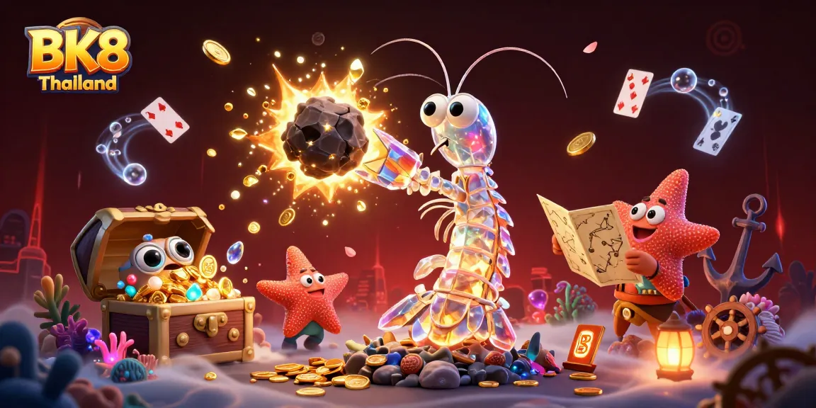Experience the excitement of BK8 Thailand with vibrant casino action, showcasing playful characters amidst glowing treasures.