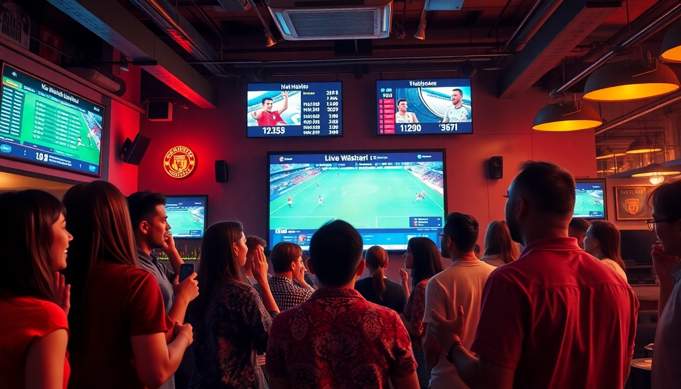 Kèo nhà cái enthusiasts watching live matches and discussing betting odds in a vibrant sports lounge.
