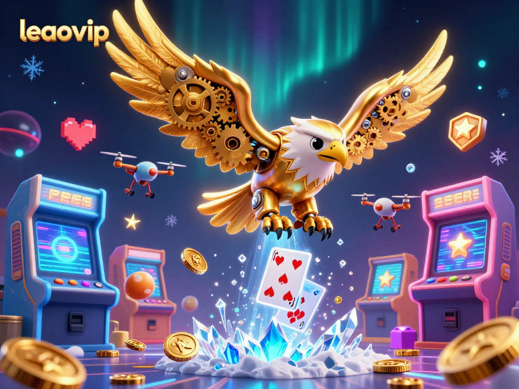 Engage in thrilling action with leaovip's golden eagle diving among holographic cards in an animated casino scene.