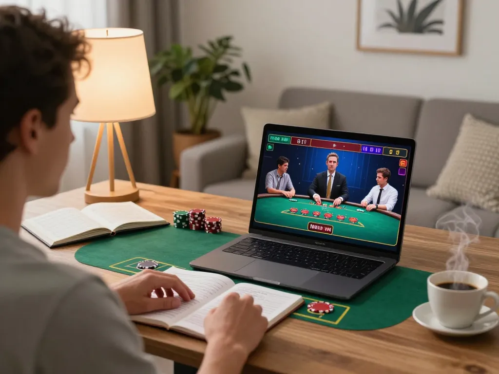 VA88 online blackjack player engaged in live game from cozy home setup with laptop and notebook.