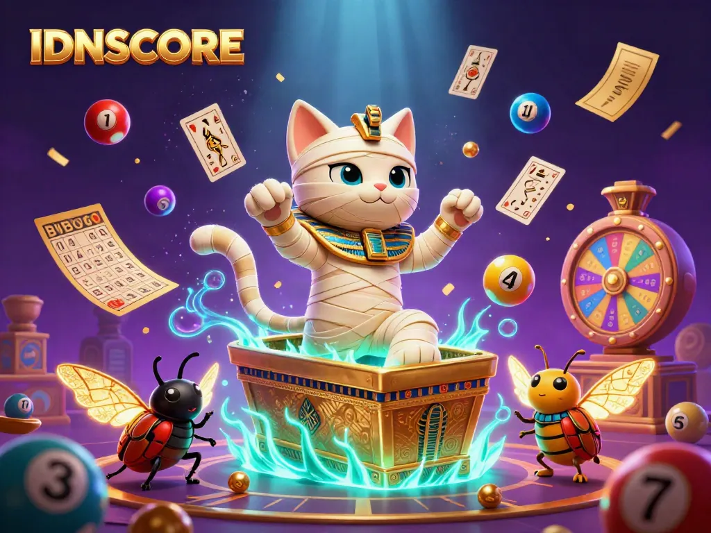 Engage with IDNSCORE in a vibrant casino scene with mystical Egyptian symbolism.