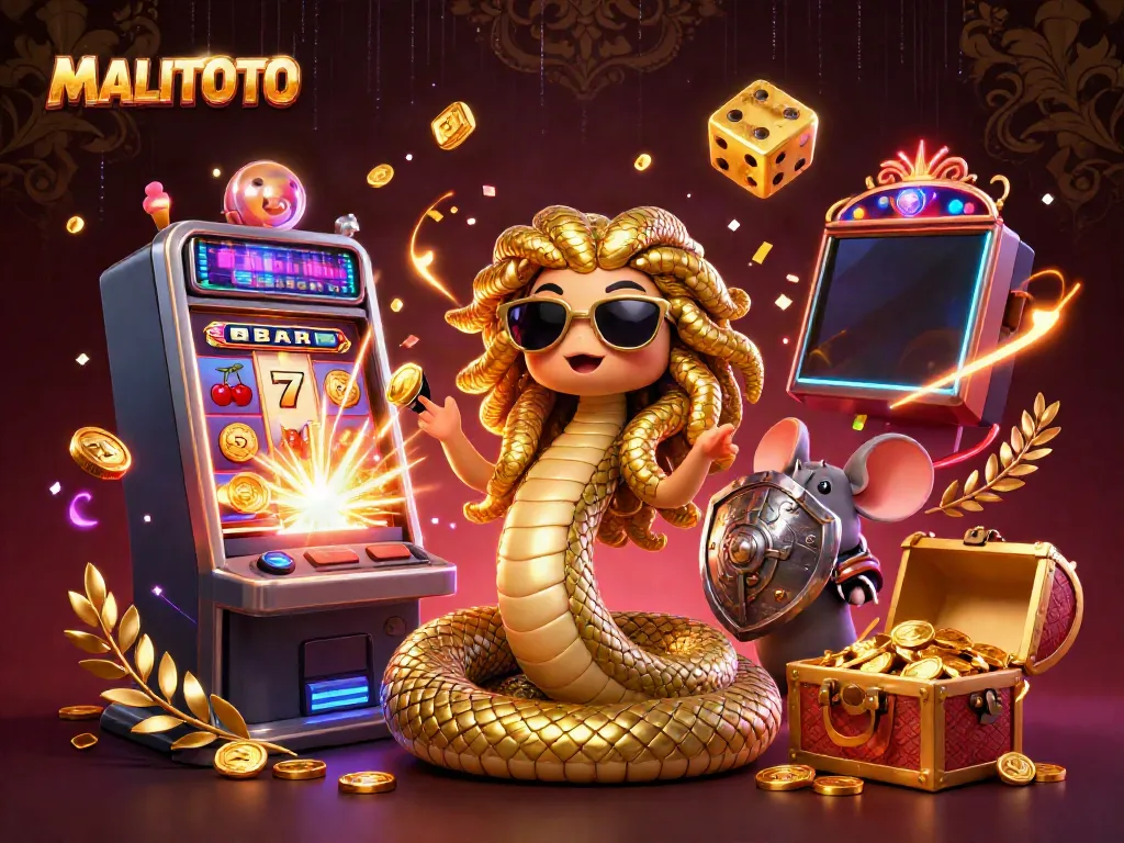MALITOTO showcases a fun scene with Medusa and a warrior mouse amidst a jackpot explosion.