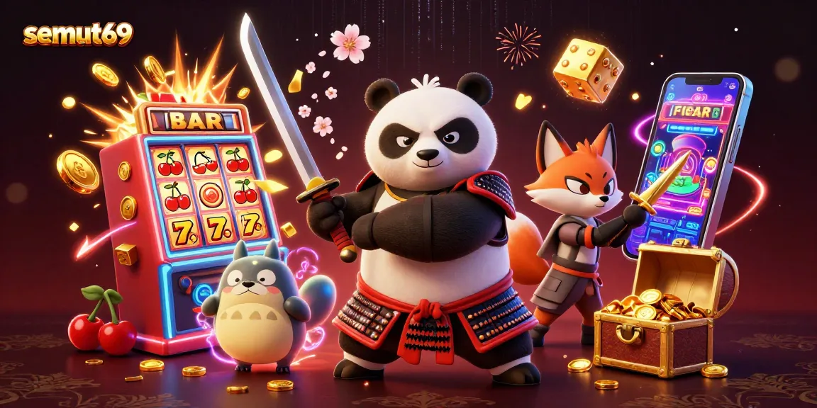 Bermain di semut69 dengan karakter berwarna-warni di antara jackpot mesin slot dan energi magis.