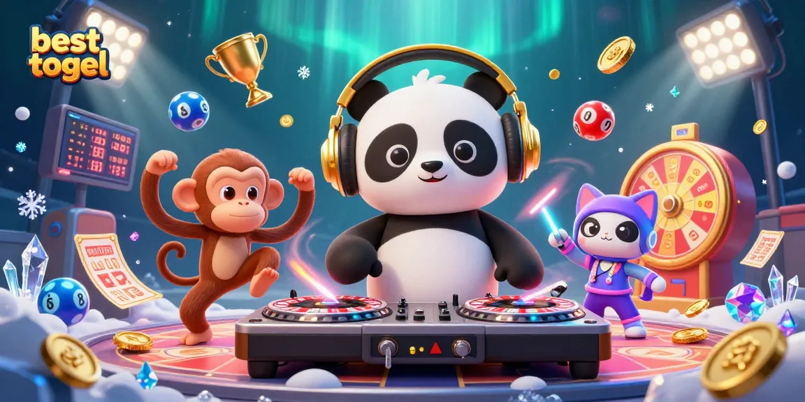 Engage with besttogel's exciting lottery adventure featuring a DJ panda and friends in a vibrant scene.