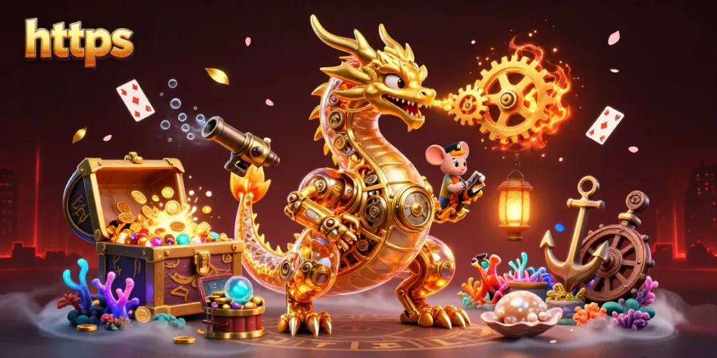Enjoy thrilling gameplay at https with a golden dragon and treasure-filled underwater scene!