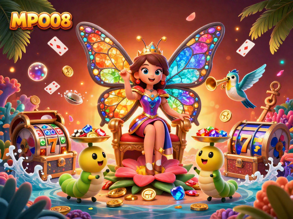 MPO08 engages players with vibrant 3D illustration of a butterfly queen amidst thrilling slots action and colorful treasure.