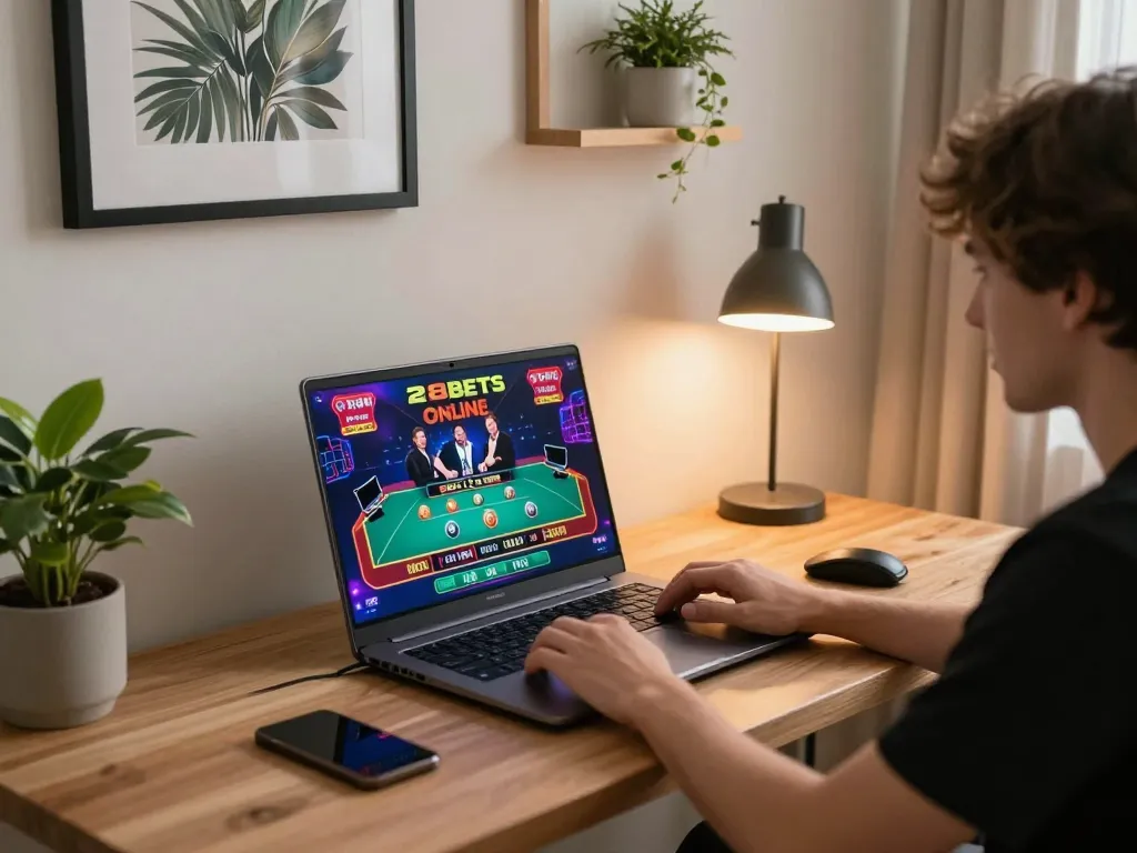 Player engaging in 28bets online casino gameplay on a laptop, showcasing live casino excitement