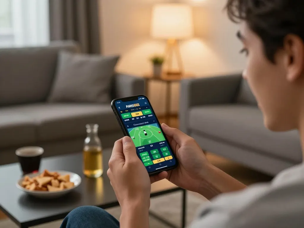 Sesi taruhan olahraga online yang menarik di paris888, menampilkan seorang pengguna yang membuat pilihan strategis di lingkungan rumah yang nyaman.