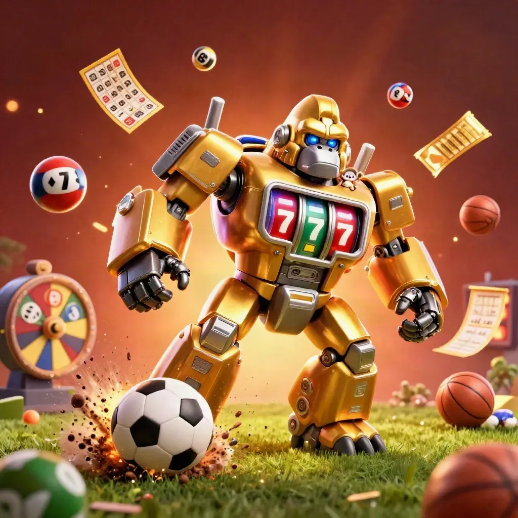 Gorila mech emas bergaya slot menangkap bola sepak dengan efek ledakan dan cahaya kasino.