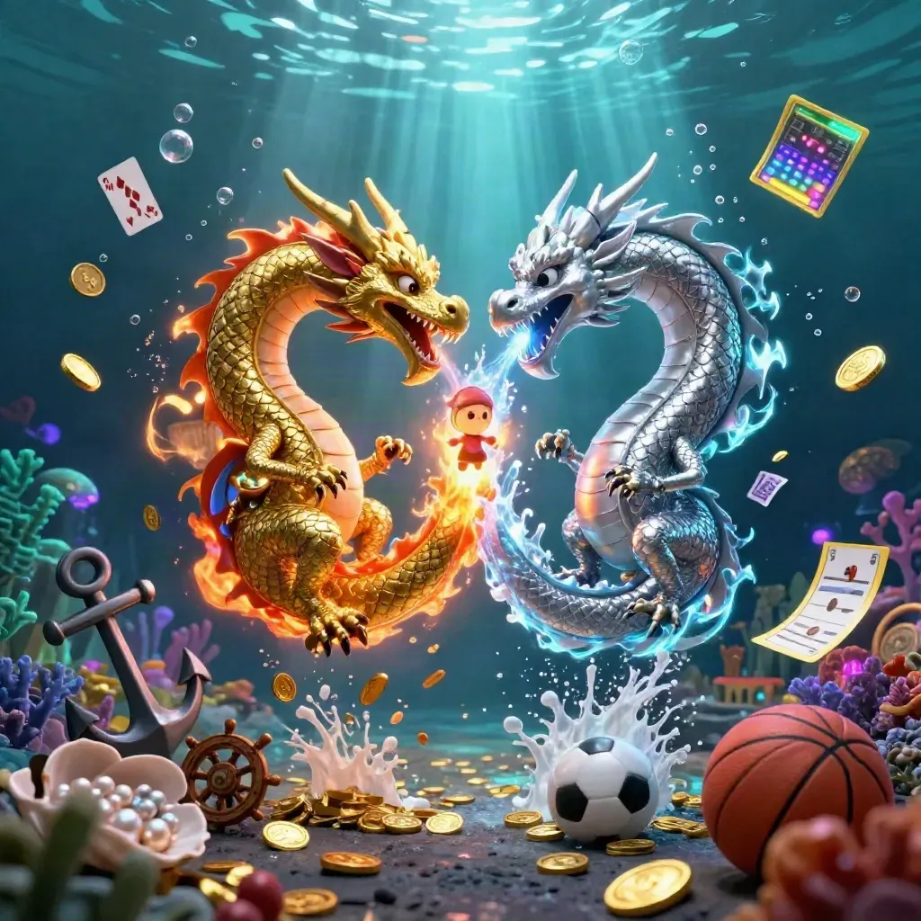 Naga emas dan perak terbang di kaveling harta bawah laut dengan bola dan kilau kasino.