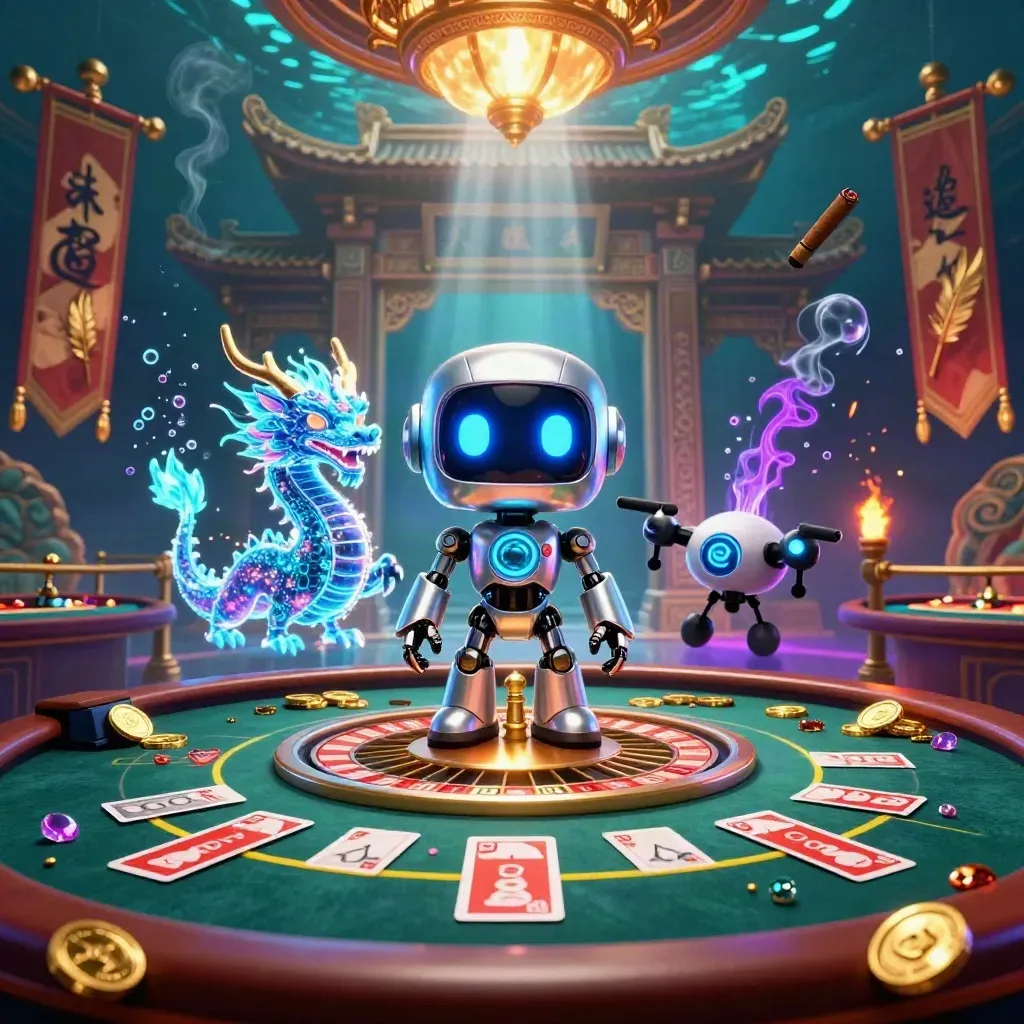 Robot cyberpunk, naga hologram, dan drone di ruang kasino bawah laut mewah.