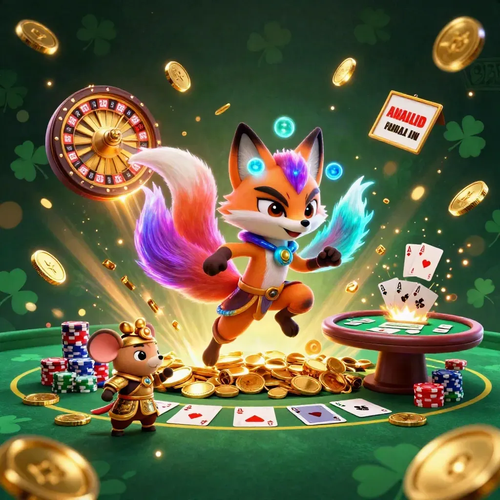 Rubah sembilan ekor dan tikus samurai emas di tengah ledakan koin dan meja kasino mewah.
