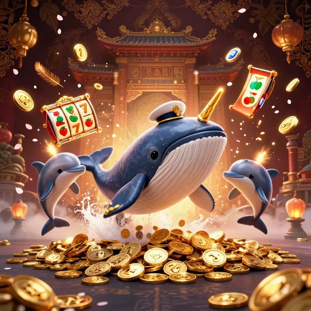 Paus kartun kapten, narwhal, dan lumba-lumba di laut koin dengan elemen slot emas mewah.
