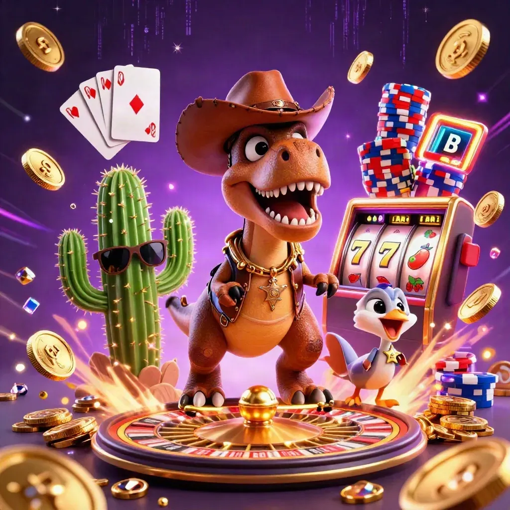 T-Rex koboi, kaktus, dan roadrunner di tengah ledakan koin, kartu, dan slot neon.