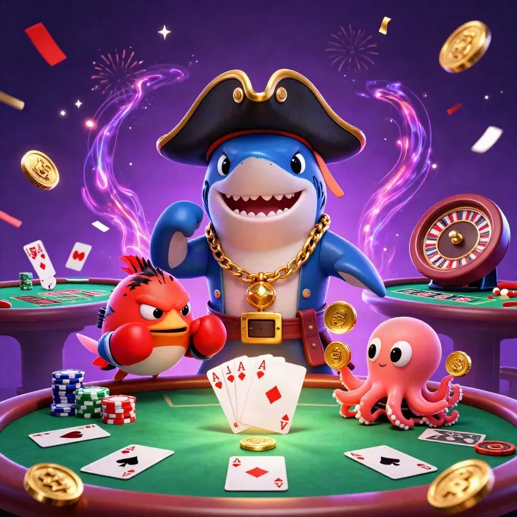 Kapten hiu, buntal merah, dan gurita kecil di meja kasino emas bercahaya