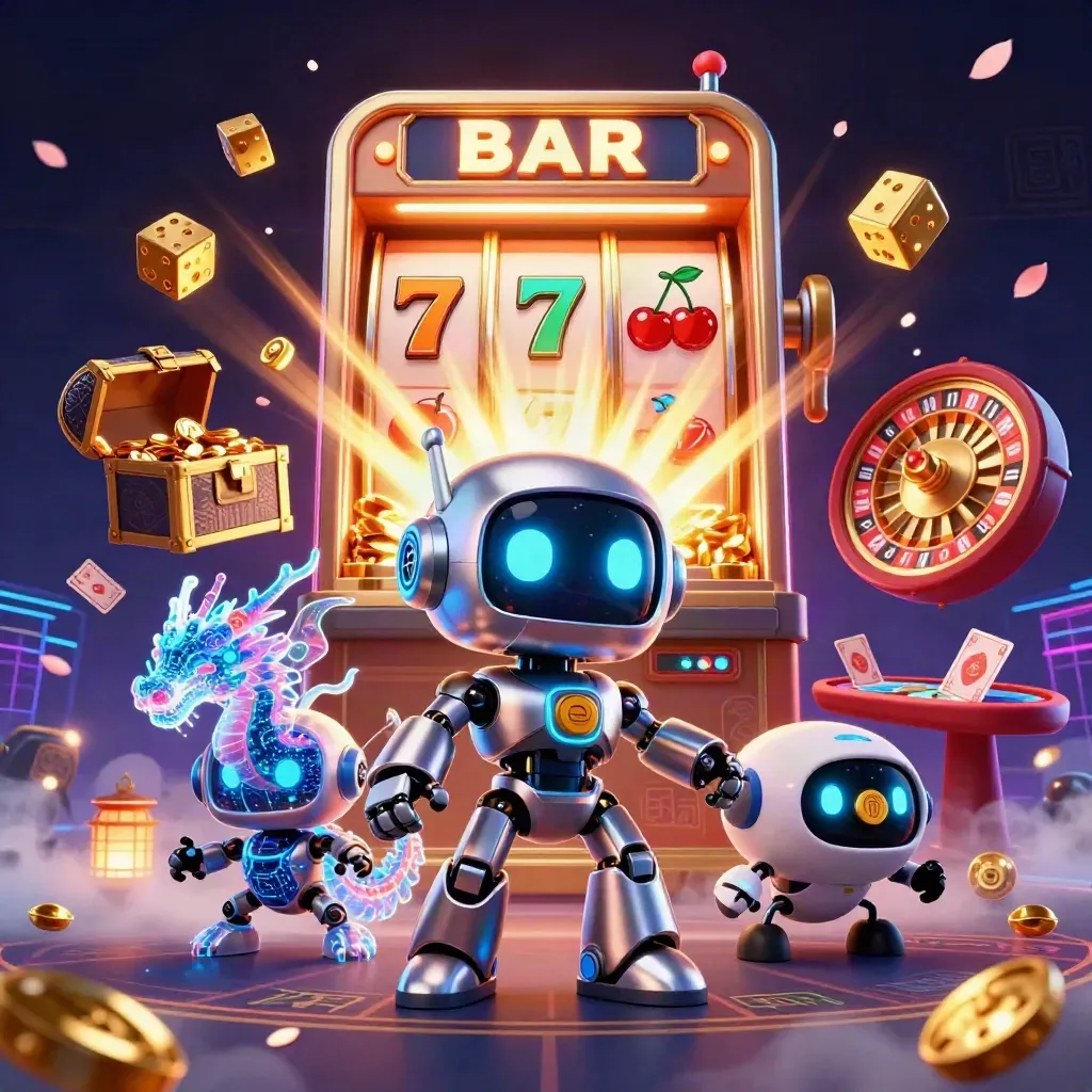 Robot cyberpunk, naga holografik, dan drone di antara slot, koin emas, dan cahaya neon.