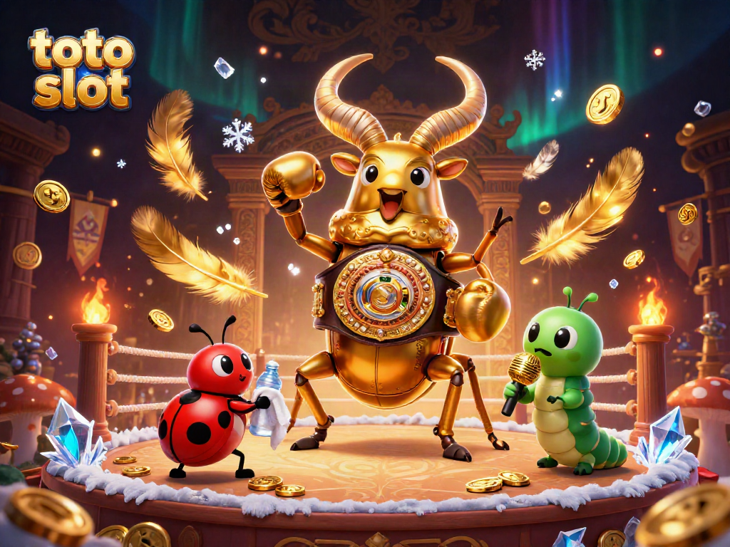 Keajaiban toto slot menyinari arena dengan simbol keberuntungan dan pertempuran berapi-api.